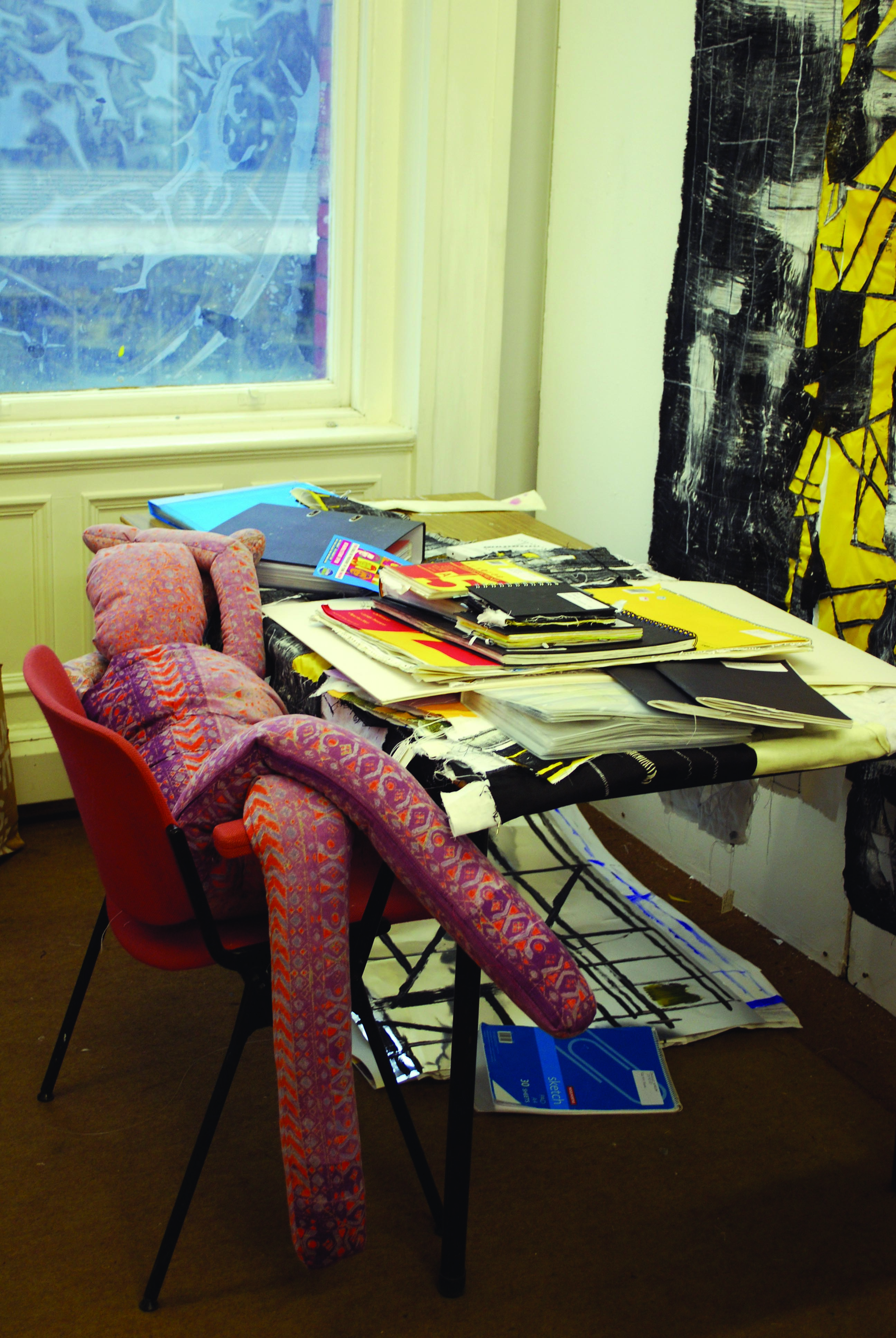 Helen O’Hare and Hazel Bruce: from BA Hons Degree Fine and Applied Art, Textile Art, UU; large doll – Teresa McLaughlin; yellow-and-black work on the wall: Danielle Hargan; with permission.